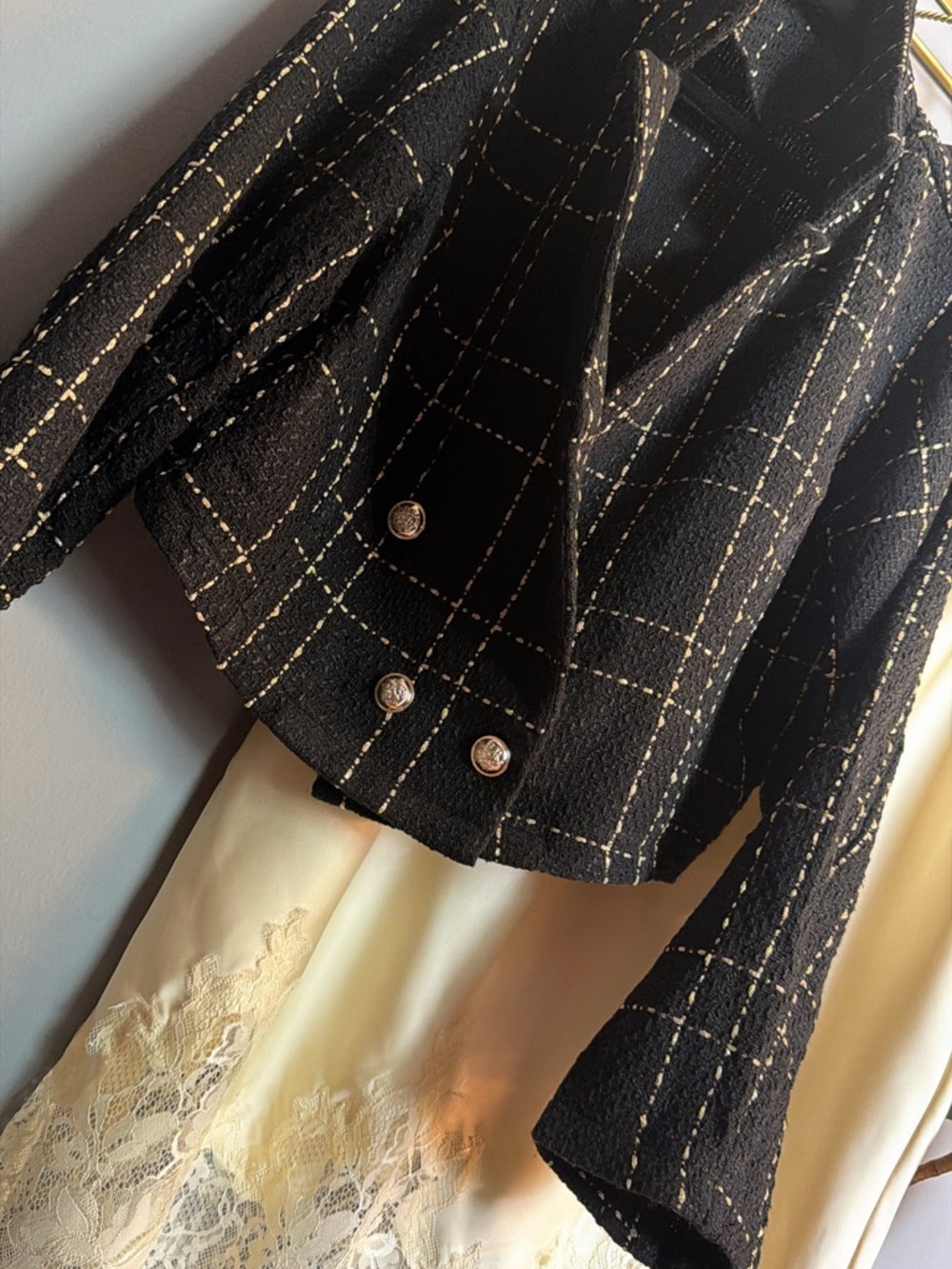 Bouclé Crop Blazer – Black & Gold Crest Button Jacket -Relaxed Fit